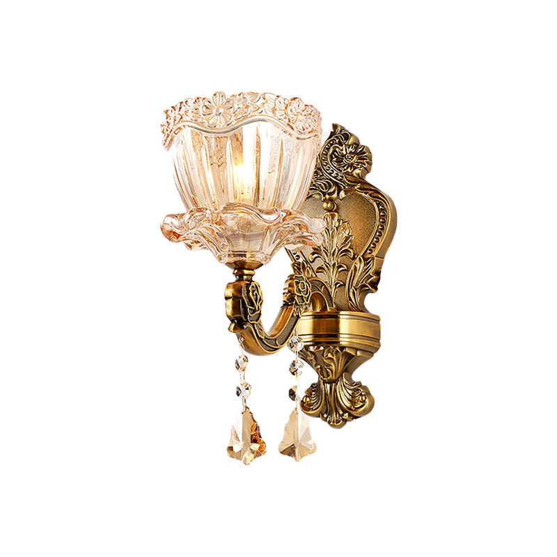 Modern Amber Glass Flower Wall Light Fixture 1/2 Head Brass Sconce With K9 Crystal Drop
