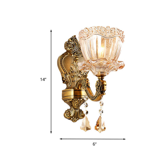 Modern Amber Glass Flower Wall Light Fixture 1/2 Head Brass Sconce With K9 Crystal Drop