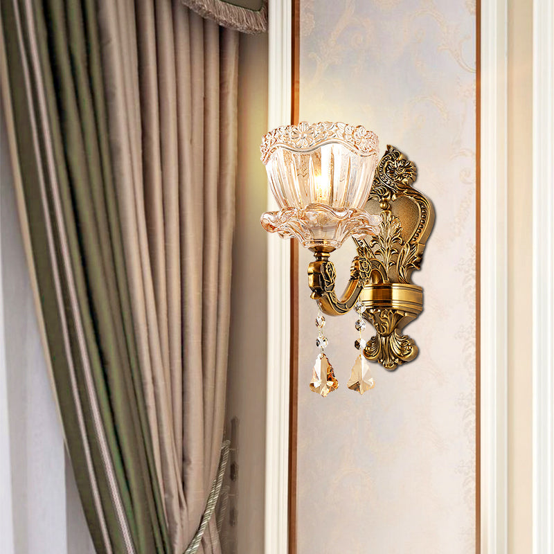Modern Amber Glass Flower Wall Light Fixture 1/2 Head Brass Sconce With K9 Crystal Drop 1 /