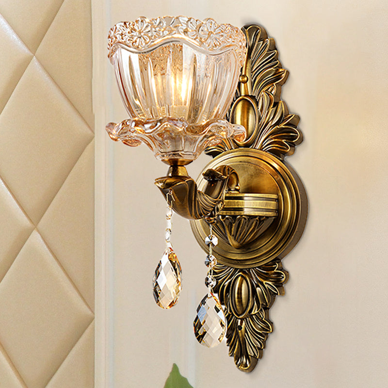 Modern Floral Shaped Wall Sconce Light With Amber Glass And Teardrop Crystal Drop In Brass - 1/2