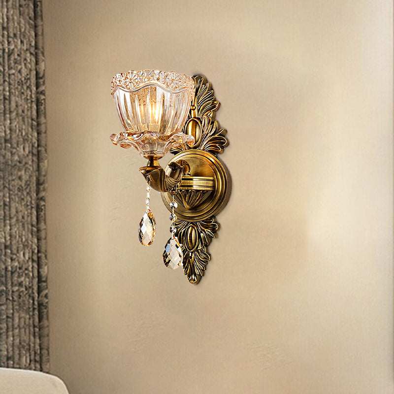 Modern Floral Shaped Wall Sconce Light With Amber Glass And Teardrop Crystal Drop In Brass - 1/2