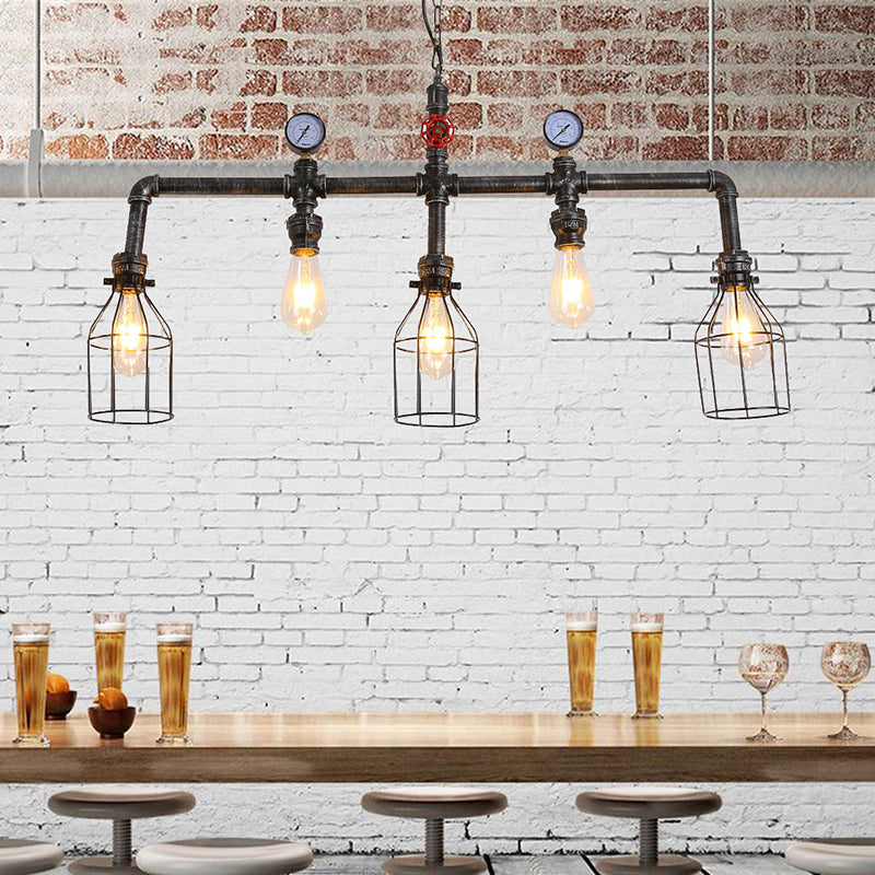 Industrial Metal Island Lighting With 5 Lights Suspension Light In Black: Pipe And Gauge Design Cage