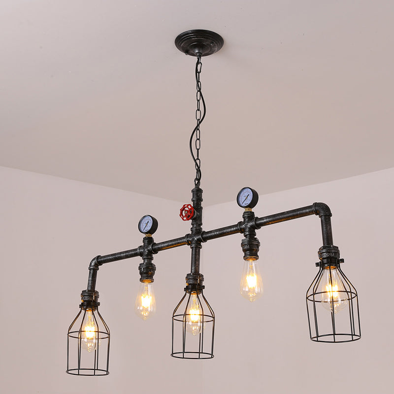 Industrial Metal Island Lighting With 5 Lights Suspension Light In Black: Pipe And Gauge Design Cage