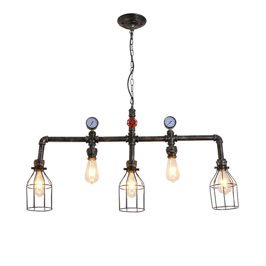 Industrial Metal Island Lighting With 5 Lights Suspension Light In Black: Pipe And Gauge Design Cage