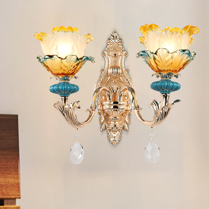 Modern Amber And Blue Glass Wall Sconce With Brass Finish - 1/2 Head Flower Design 2 /