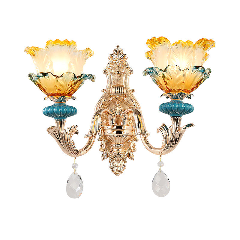 Modern Amber And Blue Glass Wall Sconce With Brass Finish - 1/2 Head Flower Design