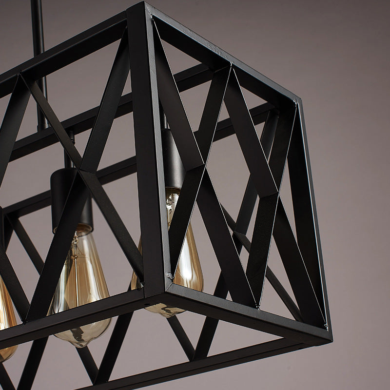 Industrial Style Black Ironwork Pendant Light For Bar - Rectangular Island Design