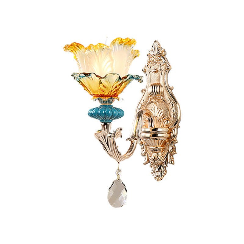 Modern Amber And Blue Glass Wall Sconce With Brass Finish - 1/2 Head Flower Design
