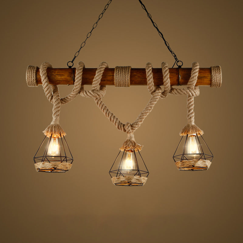 Hemp Rope Island Pendant Light With Beige Shades For Rustic And Restaurant Settings / Diamond