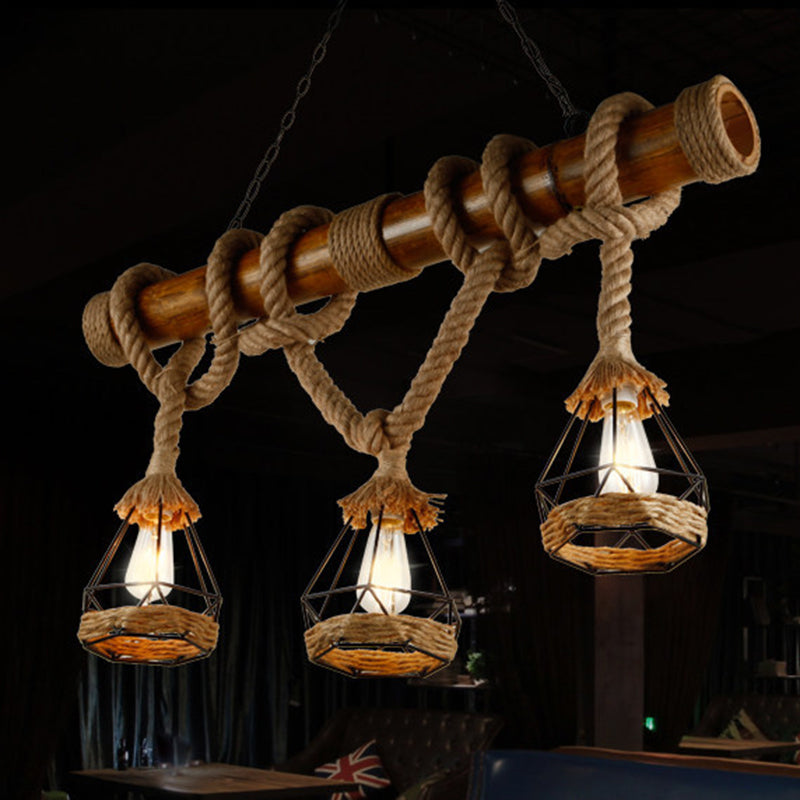Hemp Rope Island Pendant Light With Beige Shades For Rustic And Restaurant Settings