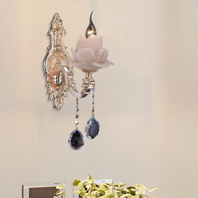 Modern Lotus Wall Light Fixture With Milky Glass Brass Sconce And Teardrop Crystal Accent 1 /