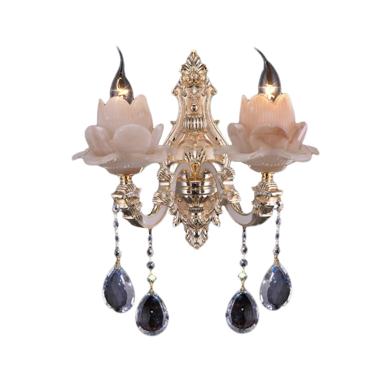 Modern Lotus Wall Light Fixture With Milky Glass Brass Sconce And Teardrop Crystal Accent
