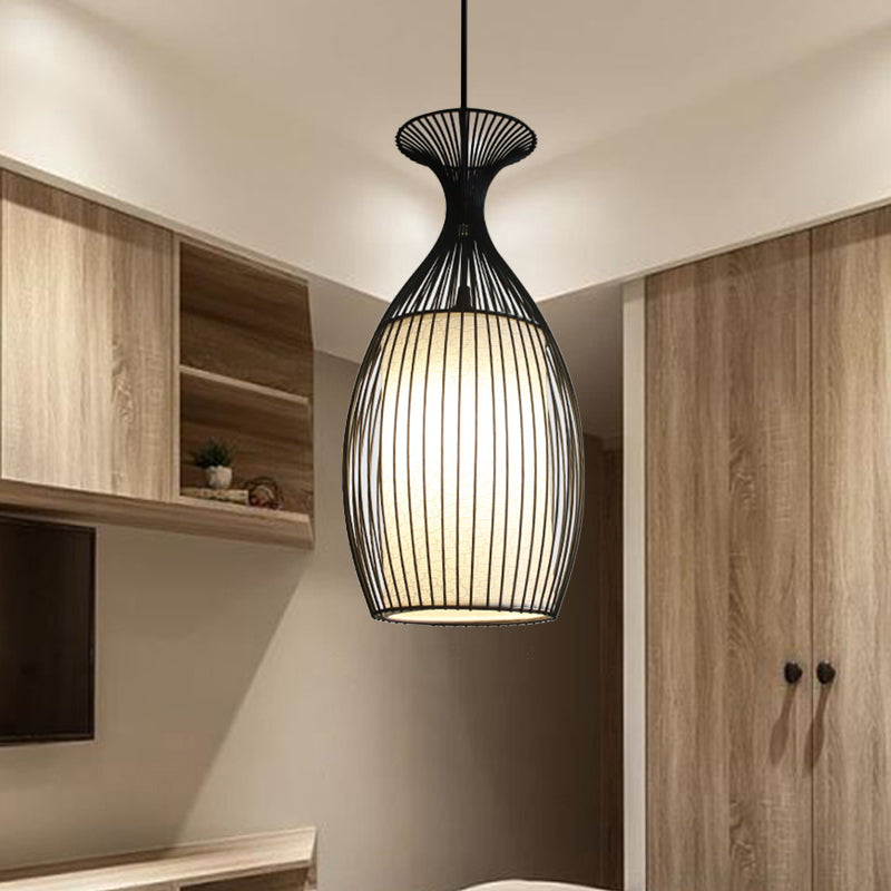 Classic Black Fabric Pendant Light: 1 Light Ceiling Suspension Lamp - Round/Oval/Lantern Design For