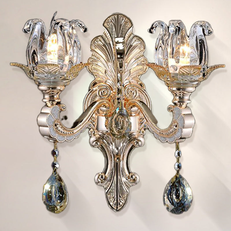 Contemporary Wall-Mounted Floral Sconce Light Fixture With Crystal Drop - Clear Glass 1/2 Heads 2 /