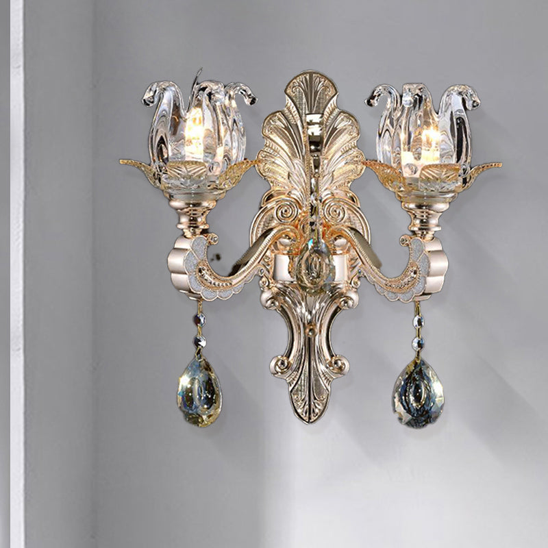 Contemporary Wall-Mounted Floral Sconce Light Fixture With Crystal Drop - Clear Glass 1/2 Heads