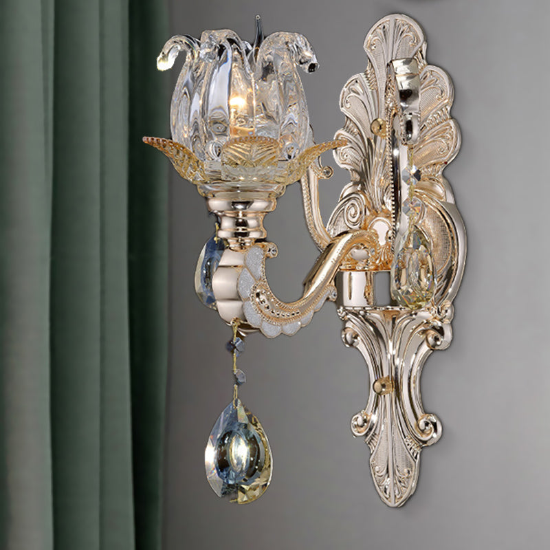 Contemporary Wall-Mounted Floral Sconce Light Fixture With Crystal Drop - Clear Glass 1/2 Heads 1 /