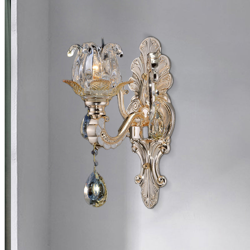 Contemporary Wall-Mounted Floral Sconce Light Fixture With Crystal Drop - Clear Glass 1/2 Heads