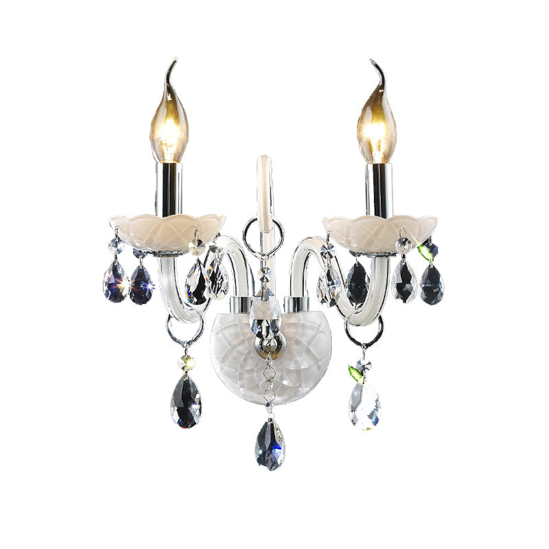 Modern Candelabra Wall Sconce Light With Teardrop Crystal Decoration - White Glass 1/2 Heads Living