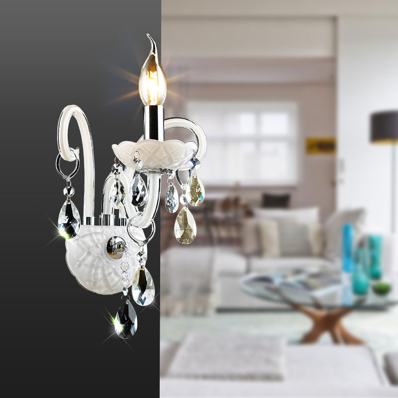 Modern Candelabra Wall Sconce Light With Teardrop Crystal Decoration - White Glass 1/2 Heads Living