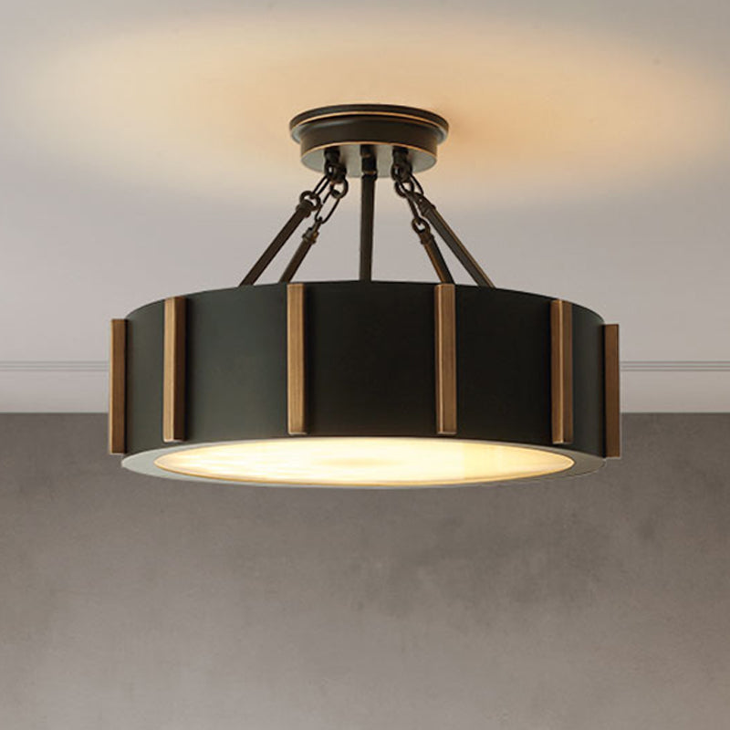 Rustic Led Semi Flush Drum Light - Warm Black Metallic Close-To-Ceiling Fixture 18 Width Ceiling