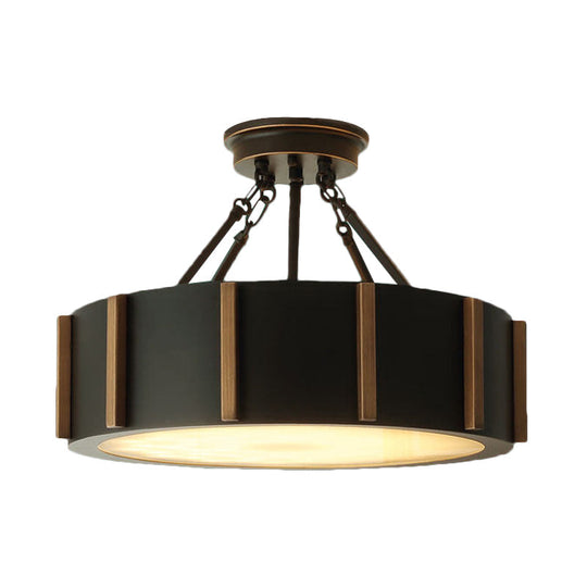 Rustic Led Semi Flush Drum Light - Warm Black Metallic Close-To-Ceiling Fixture 18 Width Ceiling