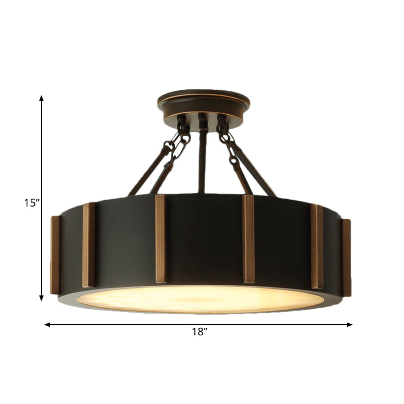 Rustic LED Semi Flush Drum Light - Warm Black Metallic Close-to-Ceiling Fixture, 18" Width