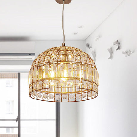 Dome Crystal Ceiling Pendant - Traditional Brass Drop Lamp With Metallic Frame (9/14/18 Width)