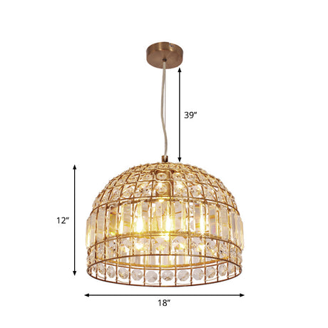 Dome Crystal Ceiling Pendant - Traditional Brass Drop Lamp With Metallic Frame (9/14/18 Width)