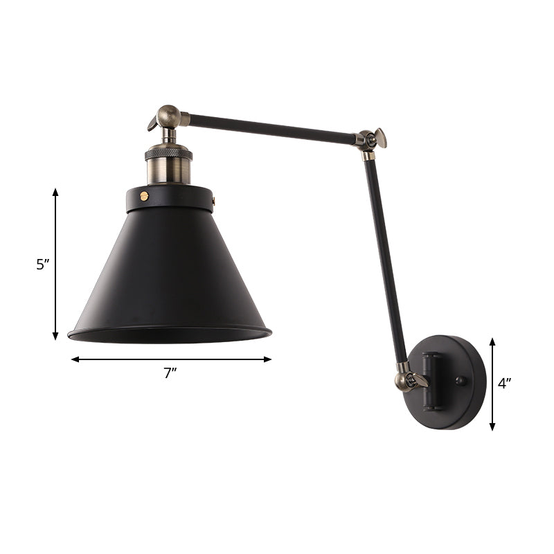 Industrial Cone Wall Sconce With Swing Arm For Bedroom - Black/White Metal Finish & 1 Bulb