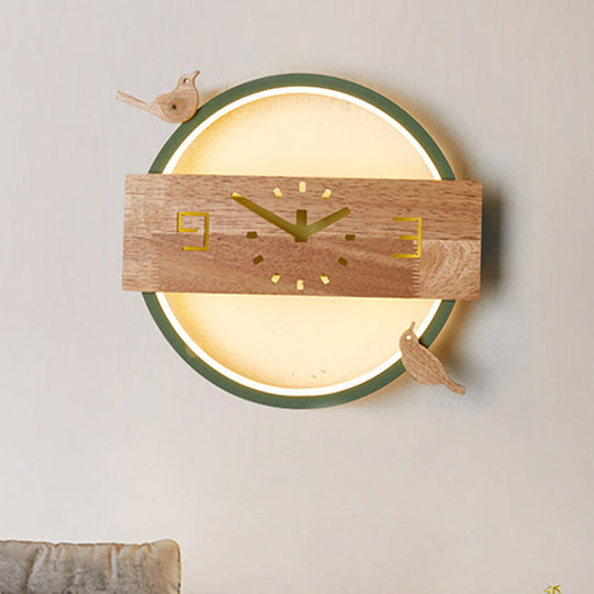 Ring Led Sconce Light With Wooden Clock | Bird Deco Kids Acrylic Wall Lamp Green / White