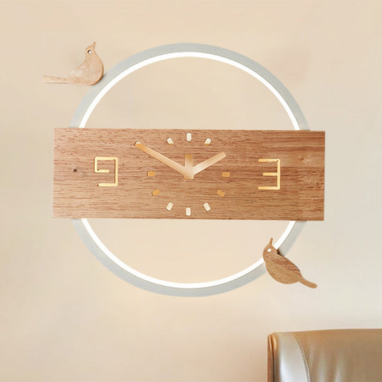 Ring Led Sconce Light With Wooden Clock | Bird Deco Kids Acrylic Wall Lamp White / Warm