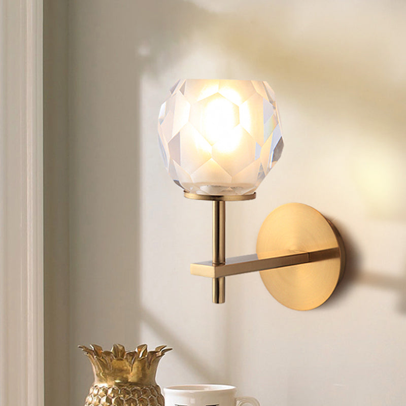 Modern Stylish Clear Glass Wall Lamp With Faceted Globe Shade - Golden Mounted Light For Hallway