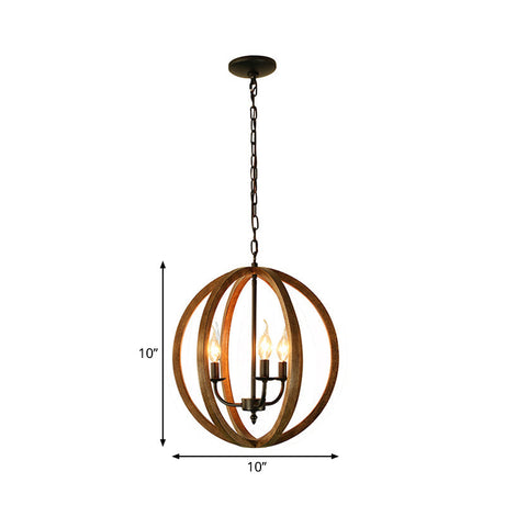 Industrial Loft Wooden Pendant Chandelier With 3 Spherical Lights - Brown Ideal For Dining Room