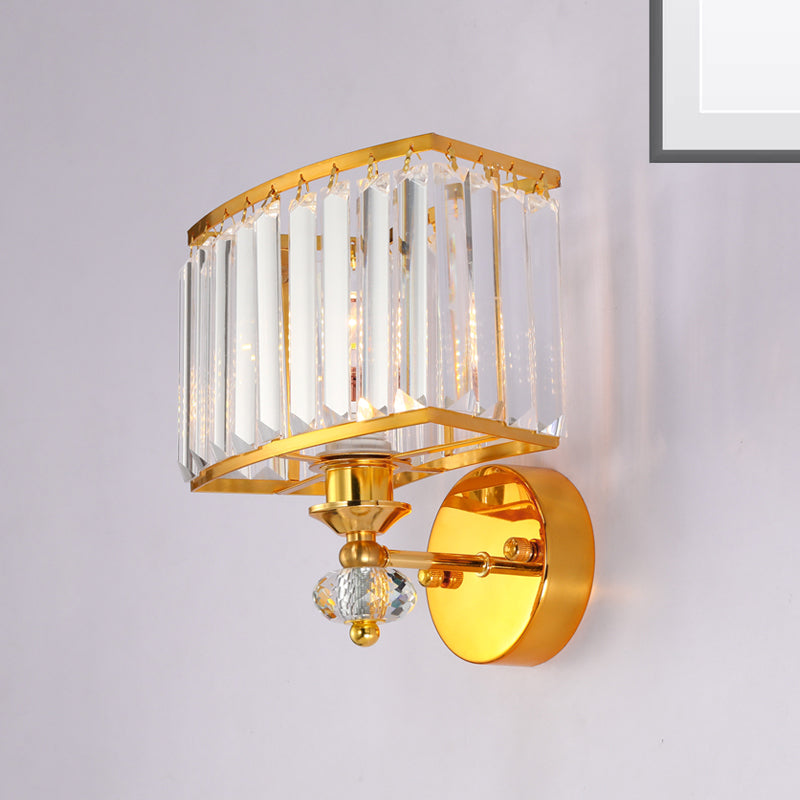 Golden Metal Wall Sconce Light With Clear Crystal Accents - Modern 1 Head Design