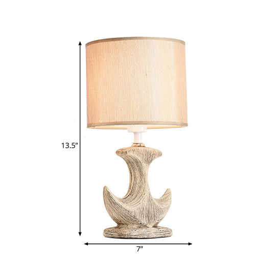 Classic White/Tan Cylinder Desk Lamp With Ceramic Sailboat Base - Plug-In Table Light