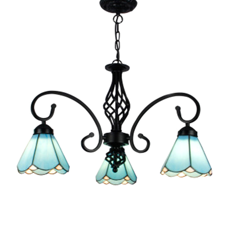 Vintage Stained Glass Chandelier Handcrafted Floral Hanging Light For Hall 3 / Blue