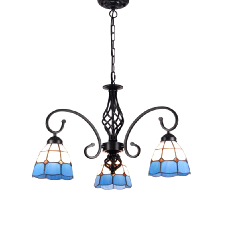 Vintage Stained Glass Chandelier Handcrafted Floral Hanging Light For Hall 3 / Blue-White