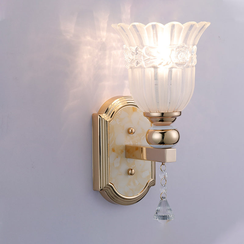Country Style Frosted Glass Floral Wall Sconce Lamp - Gold Finish Lighting Fixture For Corridor