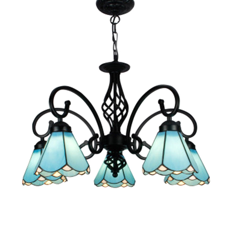 Vintage Stained Glass Chandelier Handcrafted Floral Hanging Light For Hall 5 / Blue