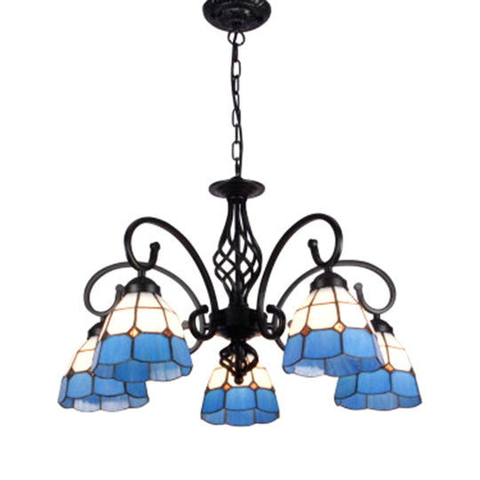 Vintage Stained Glass Chandelier Handcrafted Floral Hanging Light For Hall 5 / Blue-White