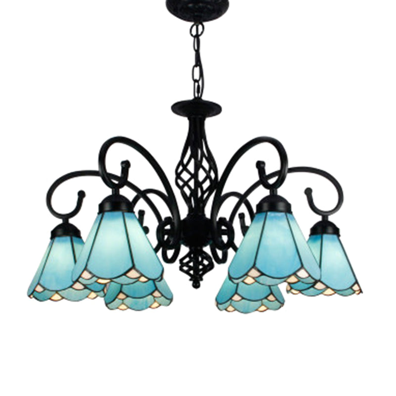 Vintage Stained Glass Chandelier Handcrafted Floral Hanging Light For Hall 6 / Blue