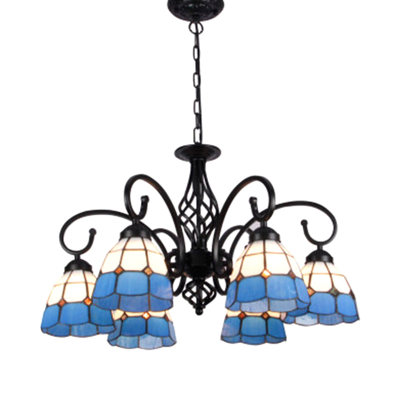 Vintage Stained Glass Chandelier Handcrafted Floral Hanging Light For Hall 6 / Blue-White