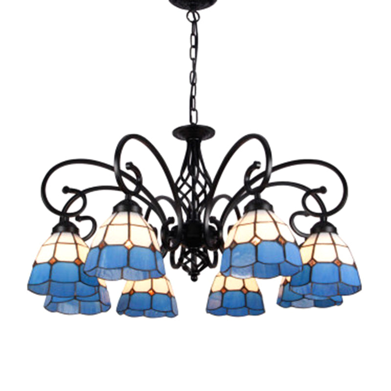 Vintage Stained Glass Chandelier Handcrafted Floral Hanging Light For Hall 8 / Blue-White