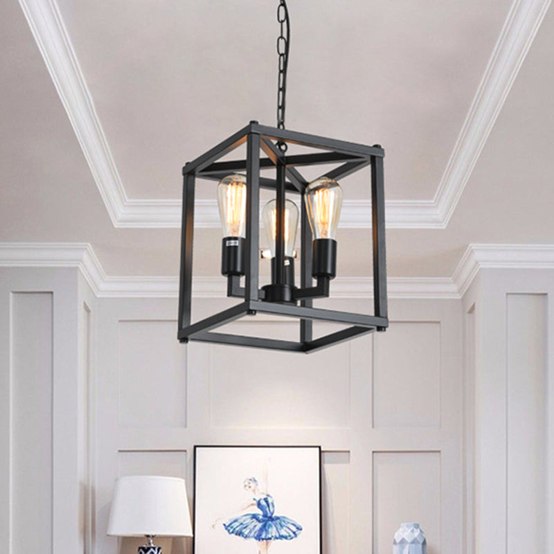 Black Industrial Retro Metal Diner Pendant Chandelier - Square Cage Hanging Lamp