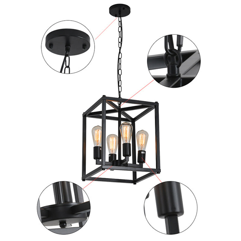 Black Industrial Retro Metal Diner Pendant Chandelier - Square Cage Hanging Lamp