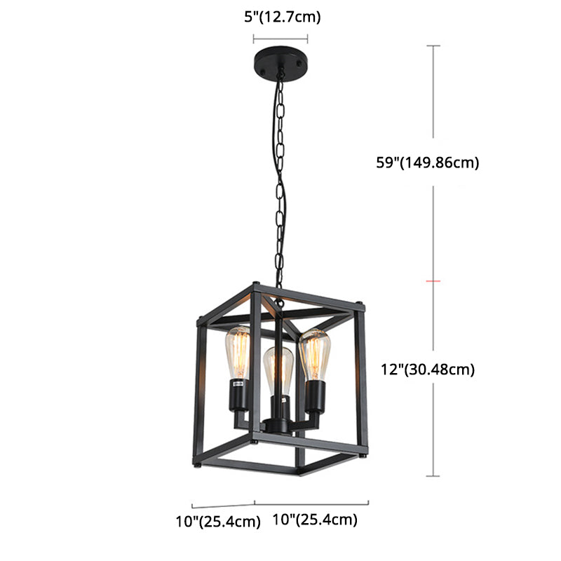 Black Industrial Retro Metal Diner Pendant Chandelier - Square Cage Hanging Lamp