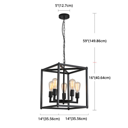 Black Industrial Retro Metal Diner Pendant Chandelier - Square Cage Hanging Lamp