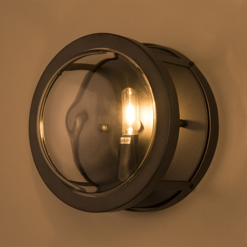 Modern Black Round Wall Sconce With Clear Crystal Accent - Stylish Metal 1 Bulb Light For Hallway