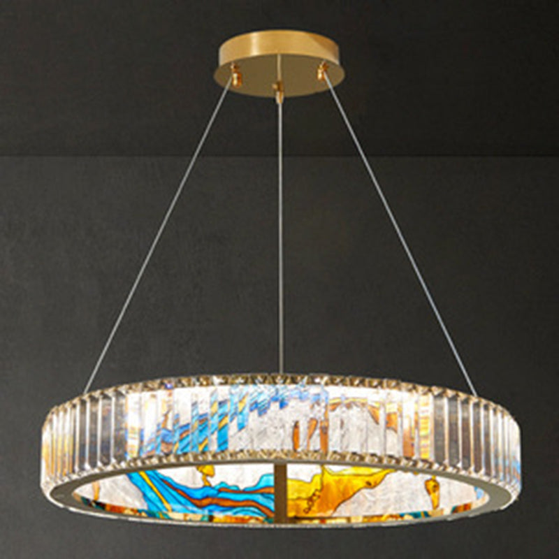 Modern Gold Led Pendant Lamp - K9 Crystal Ring Shaped Chandelier With Abstract Print / Round