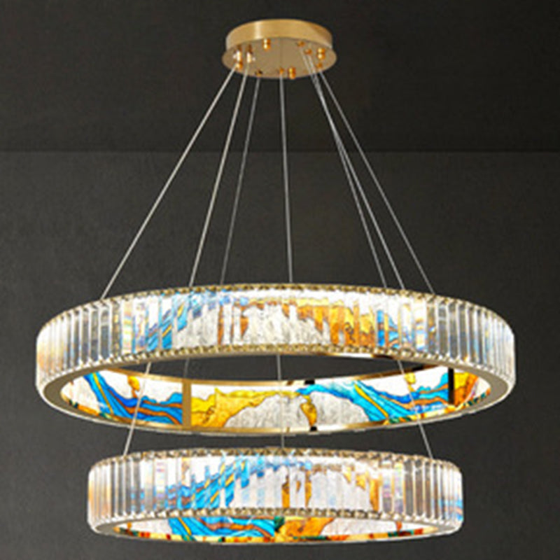 Modern Gold Led Pendant Lamp - K9 Crystal Ring Shaped Chandelier With Abstract Print / Double Circle